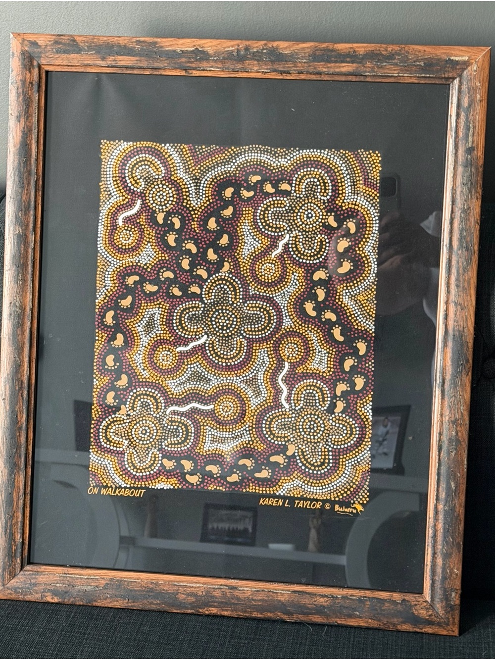 Authentic Australian Framed Dot Art Print with Gold, White & Burgundy Dotwork